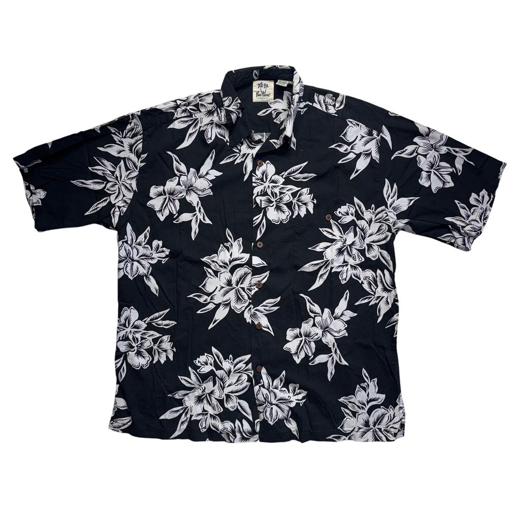 Vintage Pau Hana Shirt Large Mens Black Floral Hawaiian Camp Aloha Rayon Blend